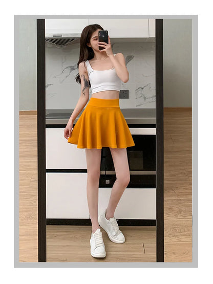Summer Basic Skirts Women Shorts Mini Elastic Pleated Skirts High Waist Bubble Sun Skirts School Girl Uniform Lined Safety Pants