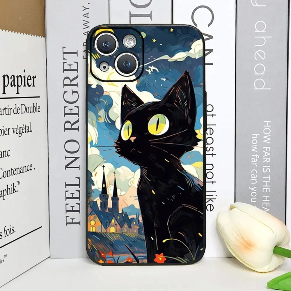 Artistic Black Cat Starry Night Phone Case For iPhone 17 16 15 14 13 12 Pro Max Mini 7 8 SE Plus Couple Cover Soft Shell Fundas