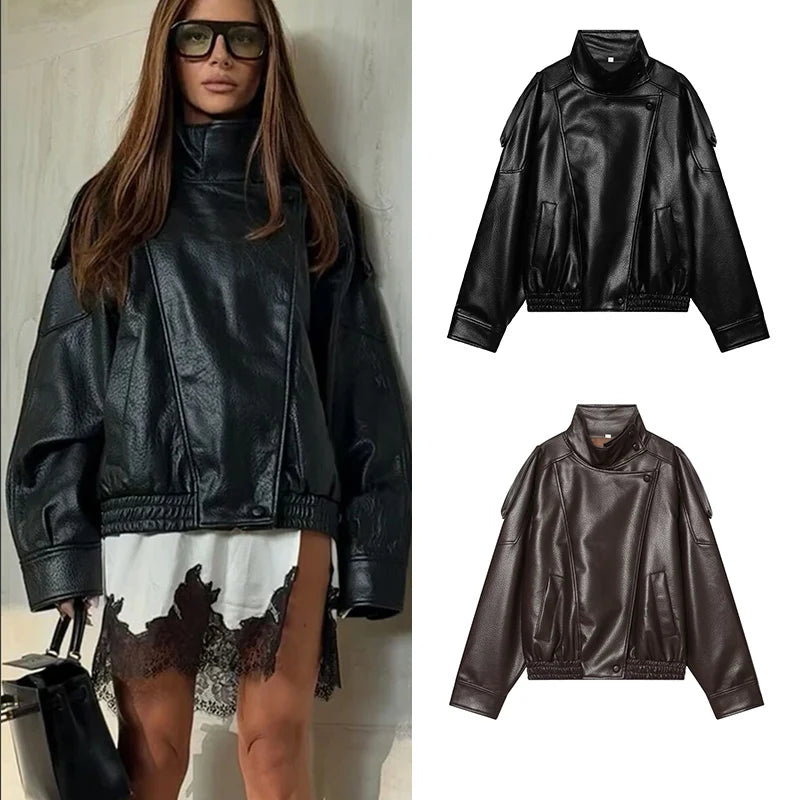 Women's Faux Leather Jacket 2025 New Fashion Autumn Black Long Sleeve Pebble Jacket Motorcycle Style Personality Ladies Jacket
