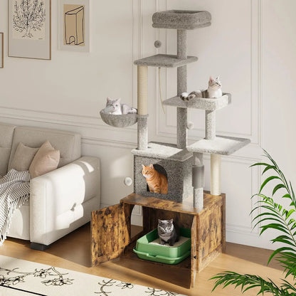 Garvee 2-in-1 Wooden Cat Tree with Hidden Litter Box Enclosure, Multi-Level Cat Tower with Scratching Posts, Cat Condo, Platforms & Hammock, Indoor Cat Washroom Furniture, Brown