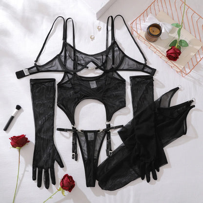 Sexy Mesh Breathable Lingerie Stockings Women's Shaping Ultra-thin Split Underwear Set Female Solid See Through Bra & Brief Sets