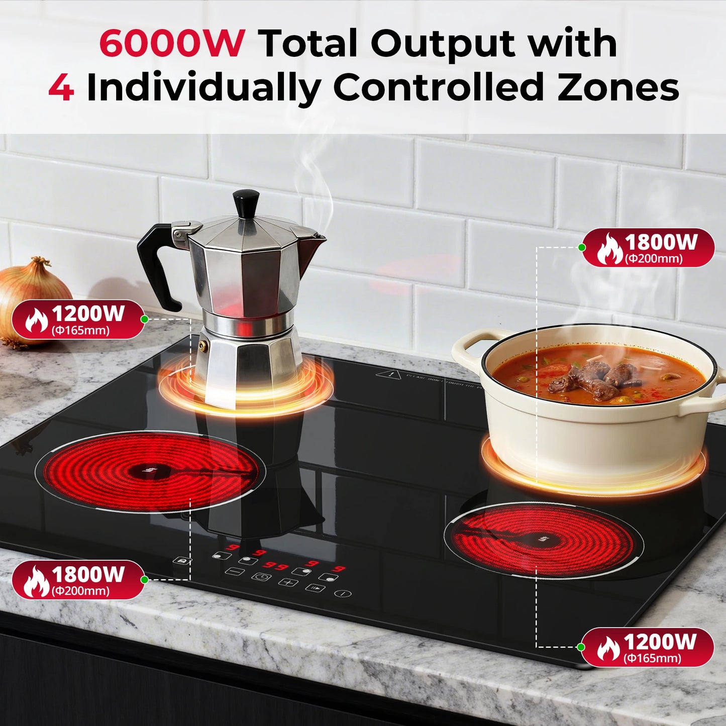 6000W Built-in Ceramic Hob, 4 Zone Induction Cooktop with Touch Control, 9 Power Levels, Timer & Child Lock, 60cm Black Glass