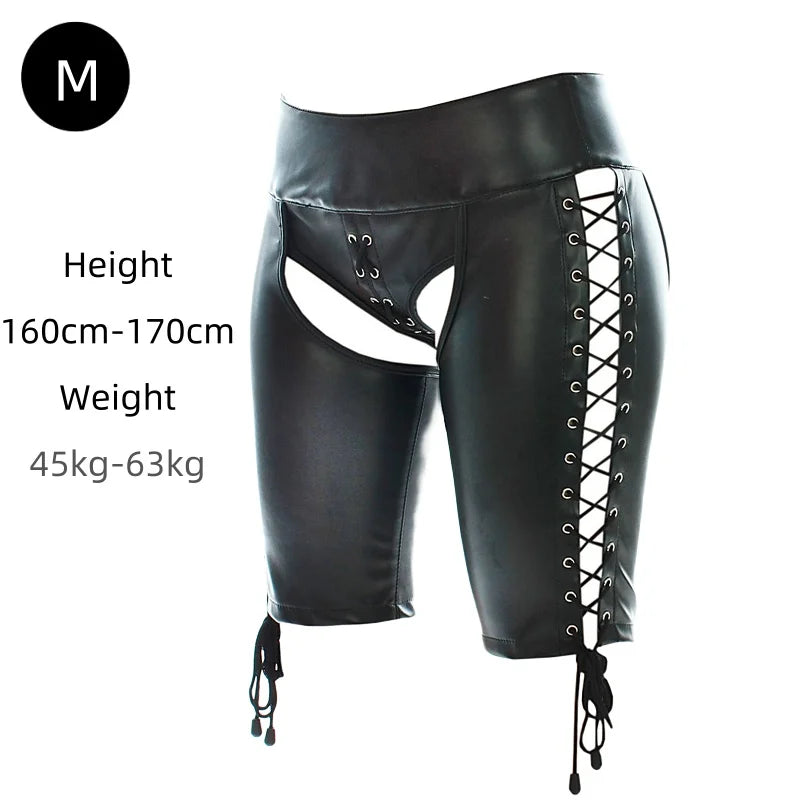 Sexy Leather Belted Shorts with Fetish Slave Bondage Hip Revealing Miniskirt for Women BDSM Role Play Night Club Costumes