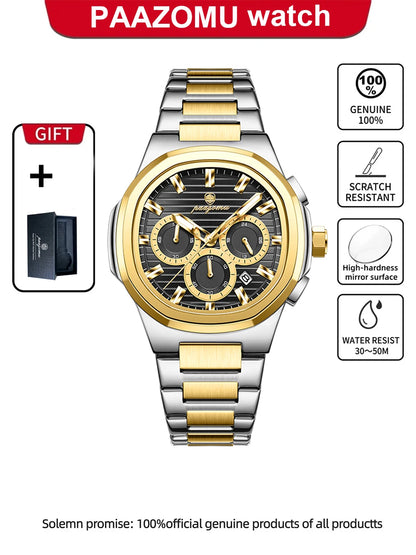 PAAZOMU Fashion Brand Man Wristwatch Waterproof Stainless Steel Luminous Men Watch Chronograph Date Luxury Quartz Men's Watches