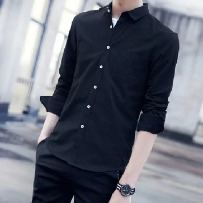 Classic Fit Cotton Full Casual Shirts for Men Solid Color Long-Sleeve Plain Shirt Single Pocket Top Soft Slim Fit Formal Clothes