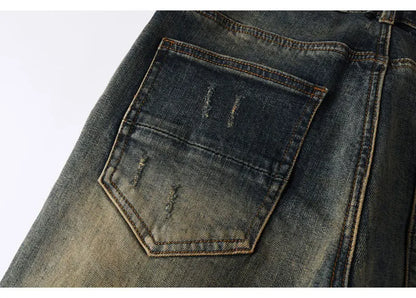Y2k New Men's Jeans Washed Nostalgic Perforated Black Leather Patch Deep Blue Jeans High Street Designer Hip-Hop Brand High-Qual