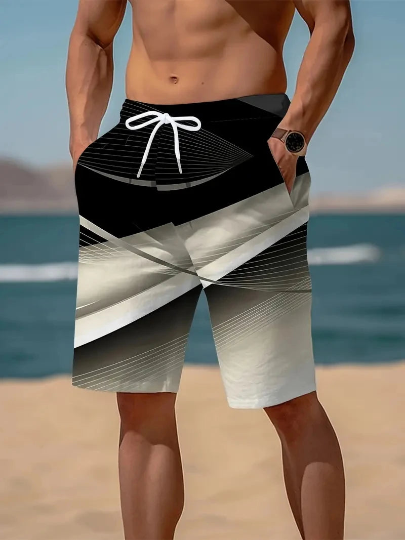2025 Summer Trend Men's Loose Shorts Drawstring Quick Dry Striped 3D Print Shorts Casual Oversized Running Breath Sport Shorts