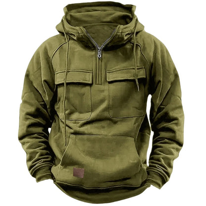 Men's Casual Sports Hooded Sweatshirt New Style Outdoor Thick Fashionable Loose Long-Sleeved Pullover with Multiple Pockets