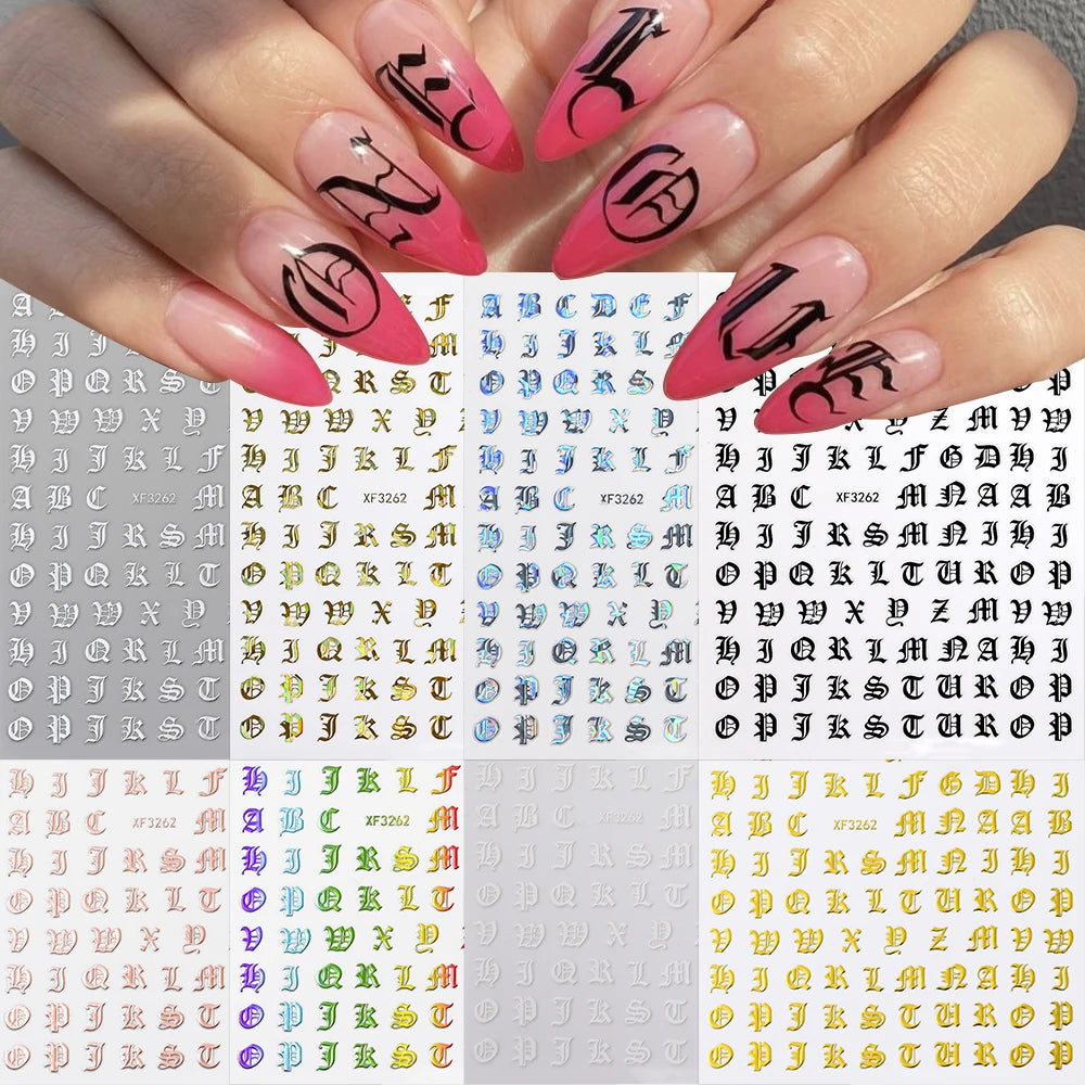 3D Glittery Gothic Letter Design Nail Art Stickers Uppercase Alphabet Letters Artistic Designs DIY Nail Art Decals Decoration #1