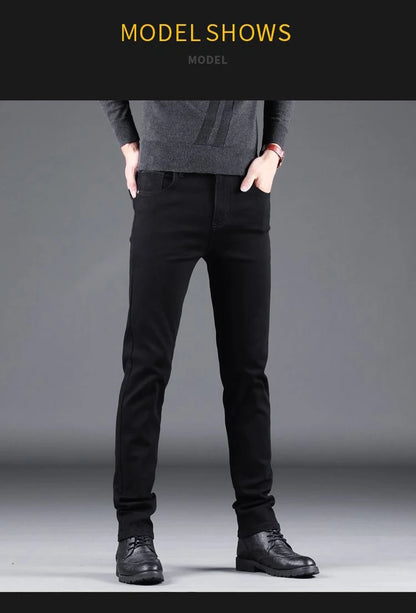 Spring Autumn New Men's Pure Black Slim Jeans Elastic Straight Pants Business Fashion Leisure Korean Vintage Denim Pants Male