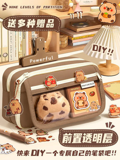 Kawaii Large Capacity Pencil Cases For School Bag Pouch Box 3 Compartments Supply Supplies Girl Boy Kit Cute Stationery Zippers