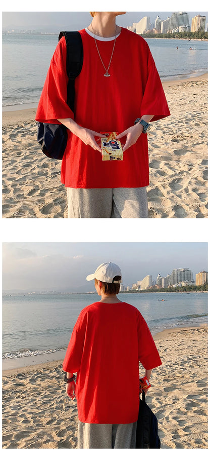 Oversized Summer Short Sleeve Men's T Shirt New Fashion Solid Loose O-Neck T Shirts Mens Cotton Hip Hop Streetwear Top Tees 5XL