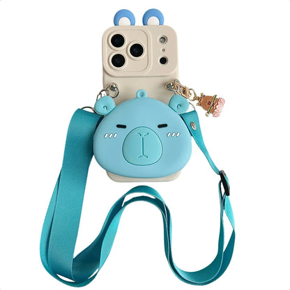 For iPhone 17 16 15 14 13 12 11 XR Xs 6 6s 7 8 SE Pro Max mini Plus e Capybara head Wallet Case With Accessories