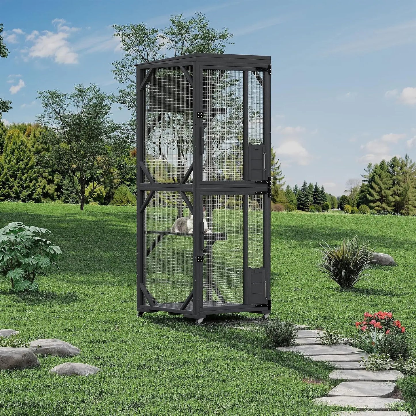 Garvee Black Walk-In Large Wooden Outdoor Catio Enclosure with 4 Lockable Rolling Wheels, Weatherproof Patio Cat House with Independent Rest Box, Spacious Garden Yard Cat Kennel for Multiple Cats