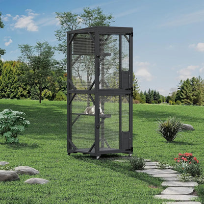 Garvee Black Walk-In Large Wooden Outdoor Catio Enclosure with 4 Lockable Rolling Wheels, Weatherproof Patio Cat House with Independent Rest Box, Spacious Garden Yard Cat Kennel for Multiple Cats