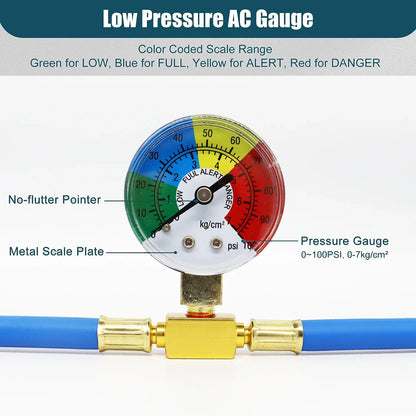 R134A Recharge Hose with Gauge, AC Can Tap Freon Charging Kit, 90° Low Side Quick Coupler for R134A R12 R22 A/C Refrigerant