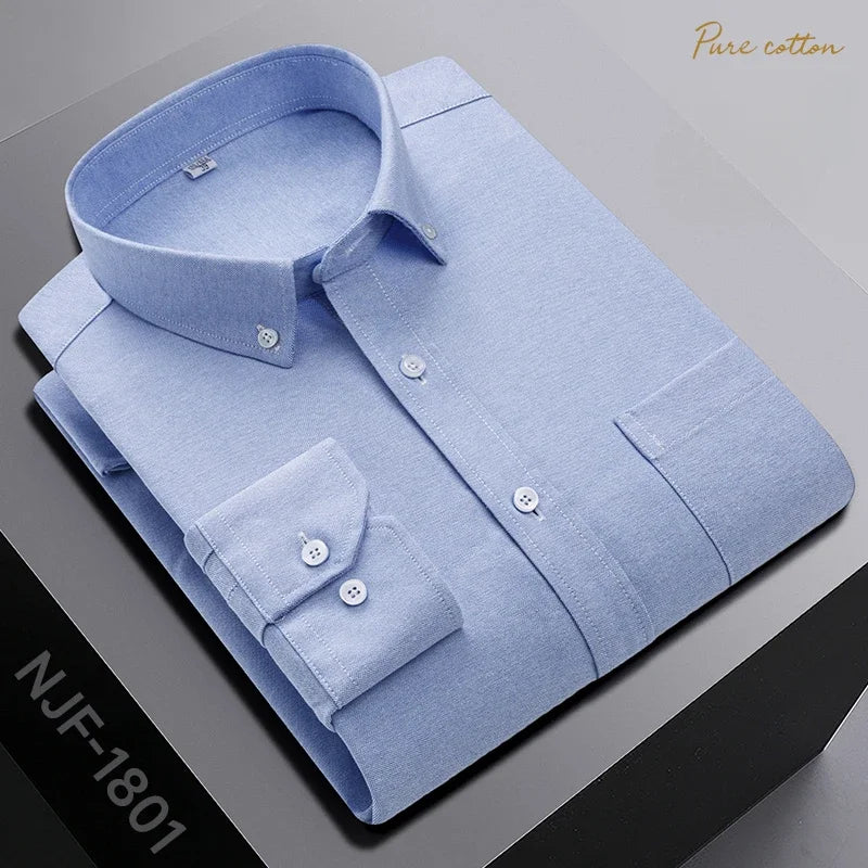 New In Shirt Oversize Long-Sleeve 100%Cotton Shirts for Men Slim Fit Formal Plain Shirt Plaid Casual Tops Designer Black Clothes