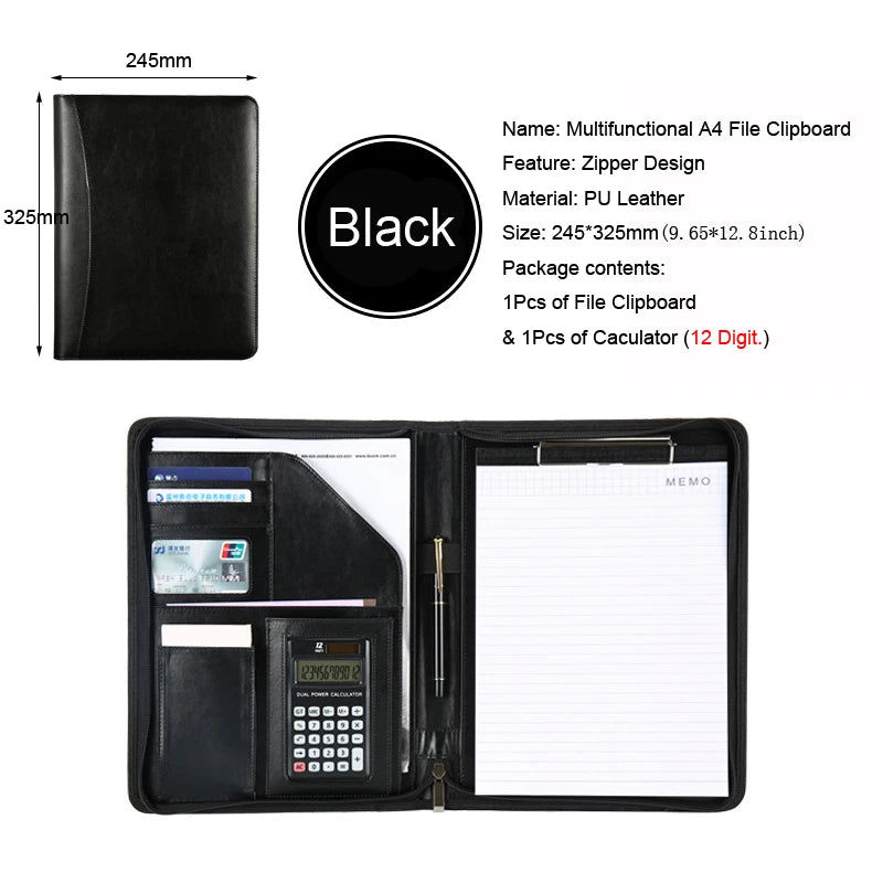 Executive Business A4 Leather Portfolio Folder Clipboard for Zippered Desk Organizer Document Briefcase Calculator for Office