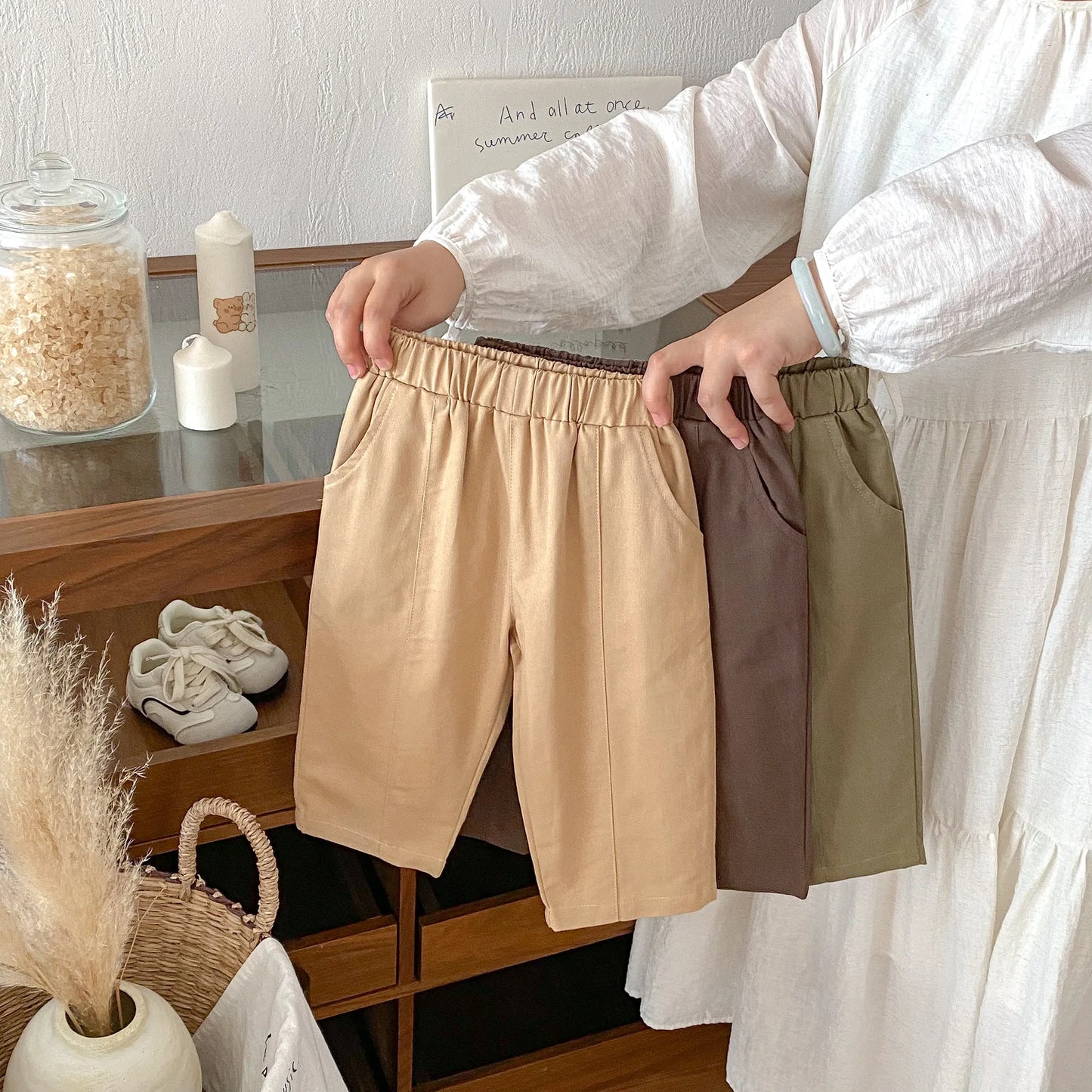 Toddler Girl Cotton Pleated Harem Pants 1-6Y Kids Boys Solid Color Casual Roll Up Trousers Comfy Elastic Waist Kids Bottoms