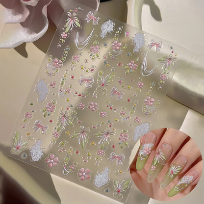 5D Pink Blue Floral Nail Art Stickers Petals Leaf Plant Embossed Nail Decals Spring Summer Flower Design for DIY Nail Supplies