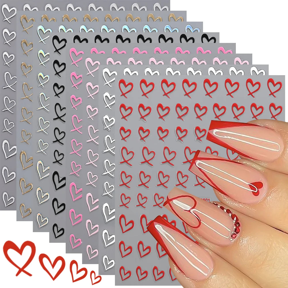 8Colors 3D French Love-Heart Nail Stickers Hollow Sweetheart Adhesive Nail Decals DIY Valentine's Day Simple Manicure Decoration