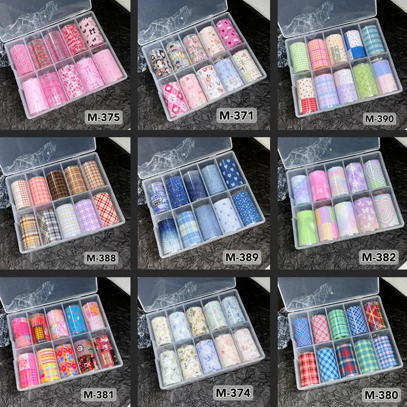 10 Rolls New Design Fresh Nail Foils for Transfer Paper Sticker Plaid Sliders Denim Nails Wraps DIY Bowknot Nail Art Decorations