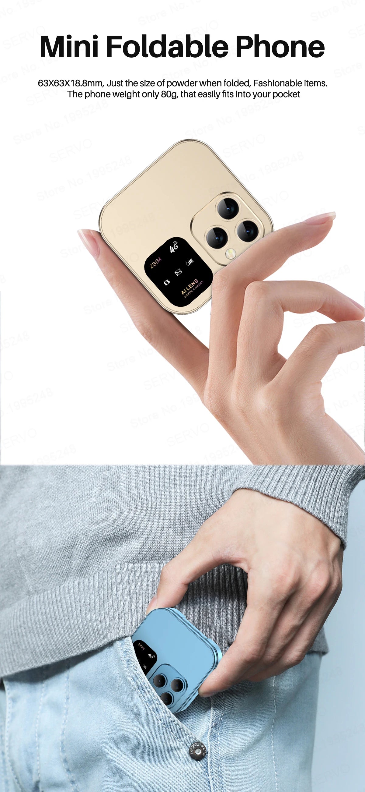 SERVO I16 PRO 4G LTE Mini Flip Mobile Phone Dual SIM Standby Call Recording Speed Dial FM Radio 1.77' Screen Foldable Cellphones