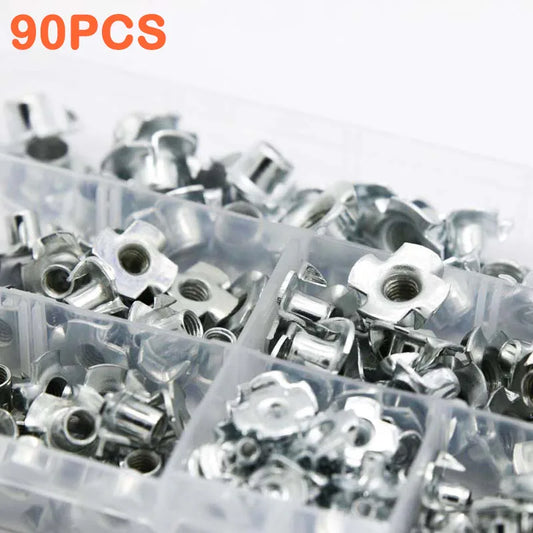 90pcs M3/M4/M5/M6/M8 Woodworking Tools Captive Nuts Four Prong Furniture T Nut Inserts Wood Zinc Plated Carpentry Tool