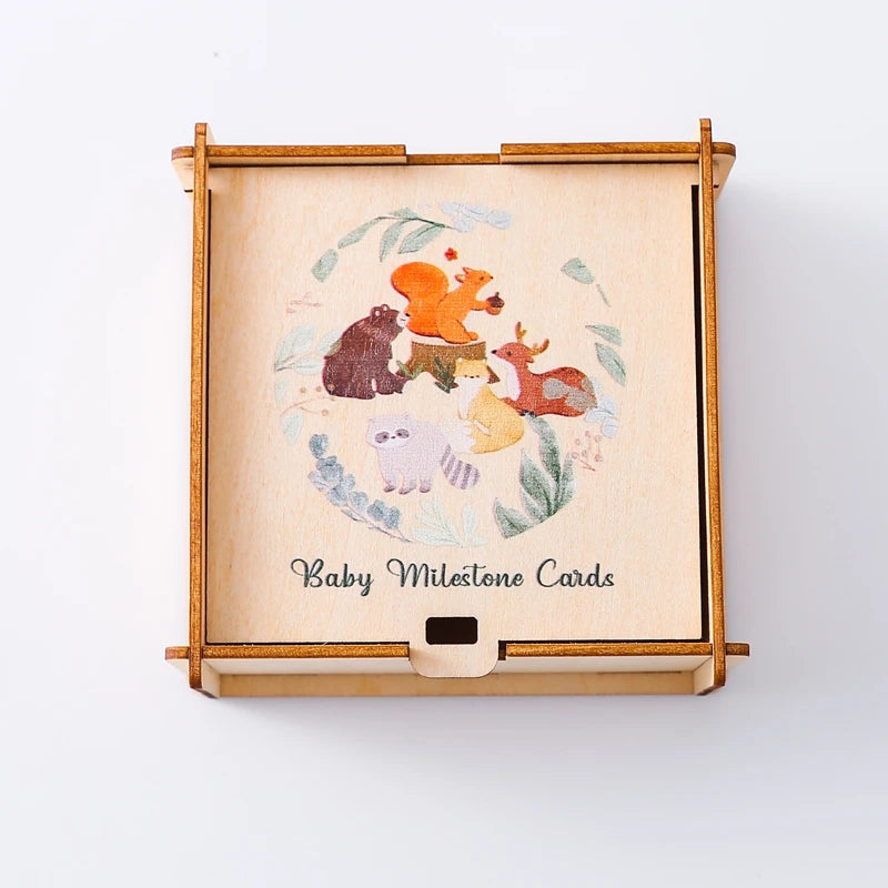 Newborn Baby Growth Milestones 0-12 Months Wooden Card With Box Photo Accessory Cartoon Animal Picture Souvenir Wooden Baby Gift