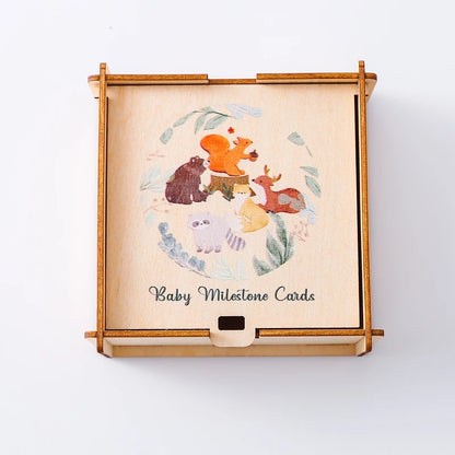 Newborn Baby Growth Milestones 0-12 Months Wooden Card With Box Photo Accessory Cartoon Animal Picture Souvenir Wooden Baby Gift