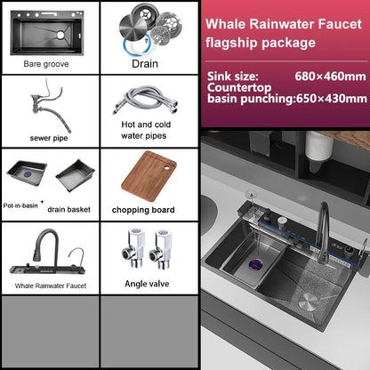 Household Waterfall Digital Display Kitchen Sink Stainless Steel Multifunction Wash Dish and Vegetables Basin Large Single Slot