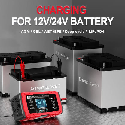14.6V 15A Lifepo4 Battery Smart Pulse Repair Charger 12V 15A 24V 8A Electric Motorcycles Charger For Lead Acid AGM GEL Battery