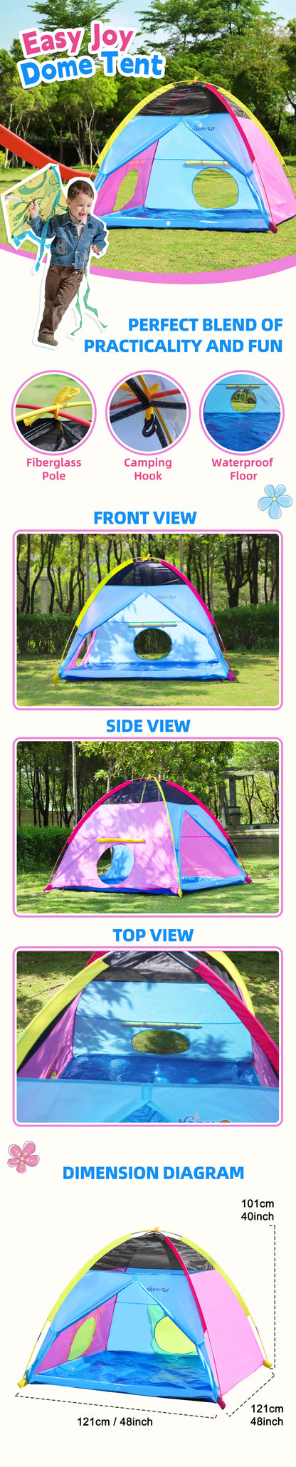 Kids Play Tent Indoor Outdoor Playhouse Tents for Boys And Girls Children's Game Center with Mesh Top & Tunnel Doors