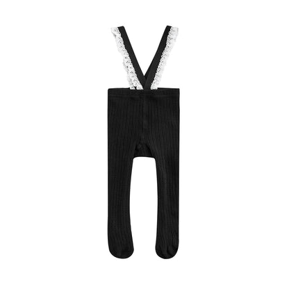 Infant Baby Girls Suspender Pantyhose, High Waist Lace Plain Rib Knitted Footed Leggings Tights 0-1Years