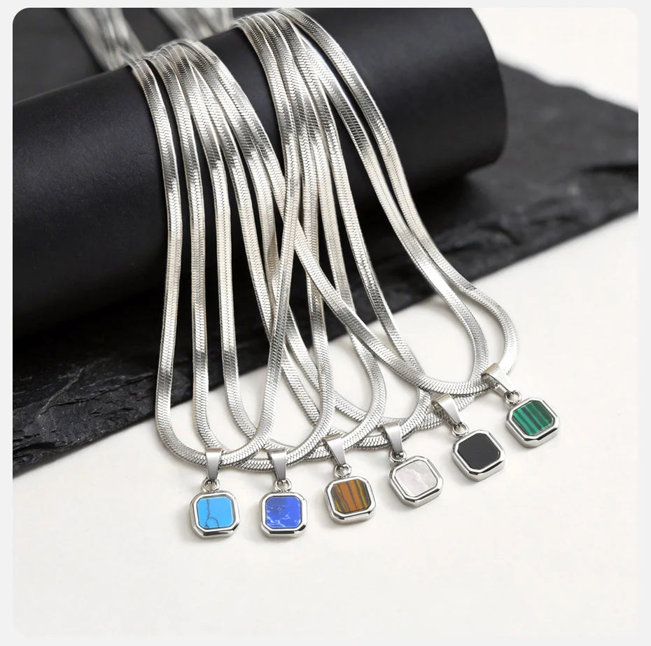 Vnox Geometric Square Natural Stone Pendant Necklace for Men, Gold Silver Color Stainless Steel Blade Chain, Trendy Jewelry Gift