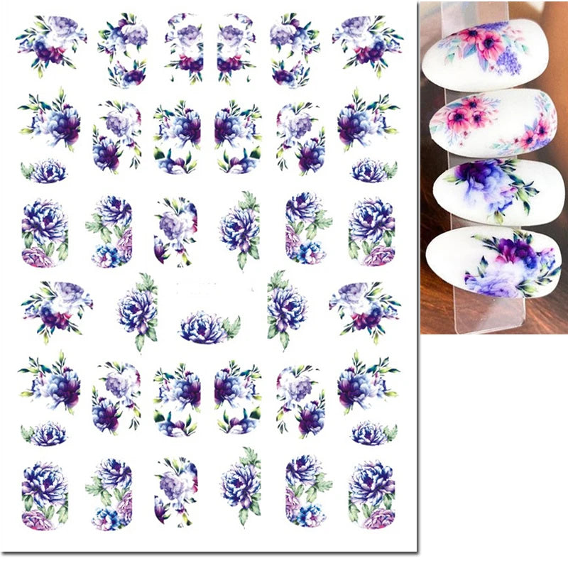 3d Nail Art Decals Elegant White RoyalBlue Roses Flowers Adhesive Sliders Nail Stickers Decoration For Nail Manicure