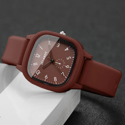 2PCS Fashion Arabic Dial Women Quartz Watch Heart Bracelet Set Square Silicone Strap Wristwatches Reloj Mujer (Without Box)