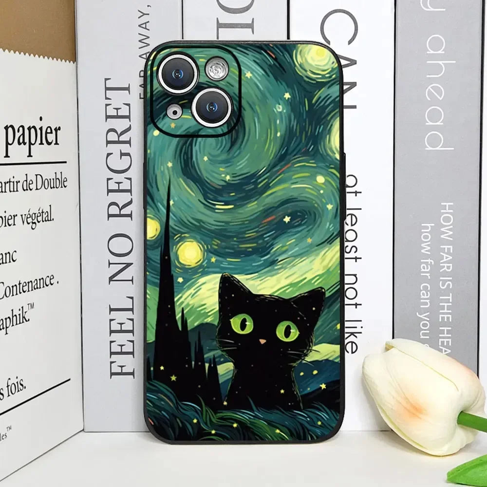 Artistic Black Cat Starry Night Phone Case For iPhone 17 16 15 14 13 12 Pro Max Mini 7 8 SE Plus Couple Cover Soft Shell Fundas