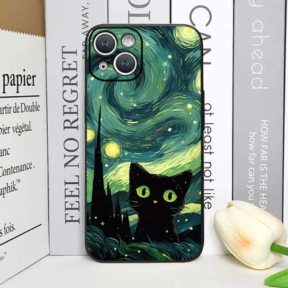 Artistic Black Cat Starry Night Phone Case For iPhone 17 16 15 14 13 12 Pro Max Mini 7 8 SE Plus Couple Cover Soft Shell Fundas