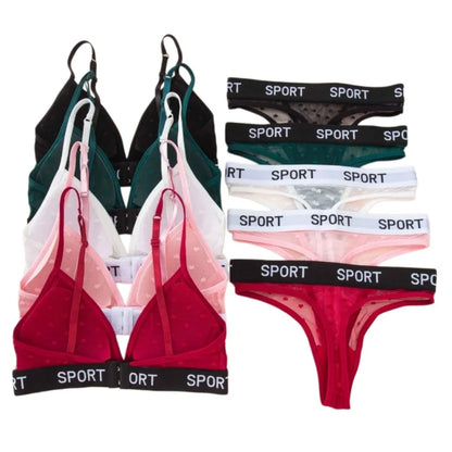 Women Lace Bra And Panties Set Sheer Polka Dot Sexy Lingerie Non-wire Bralette Low Rise Thong Letter Band Mesh Underwear Set