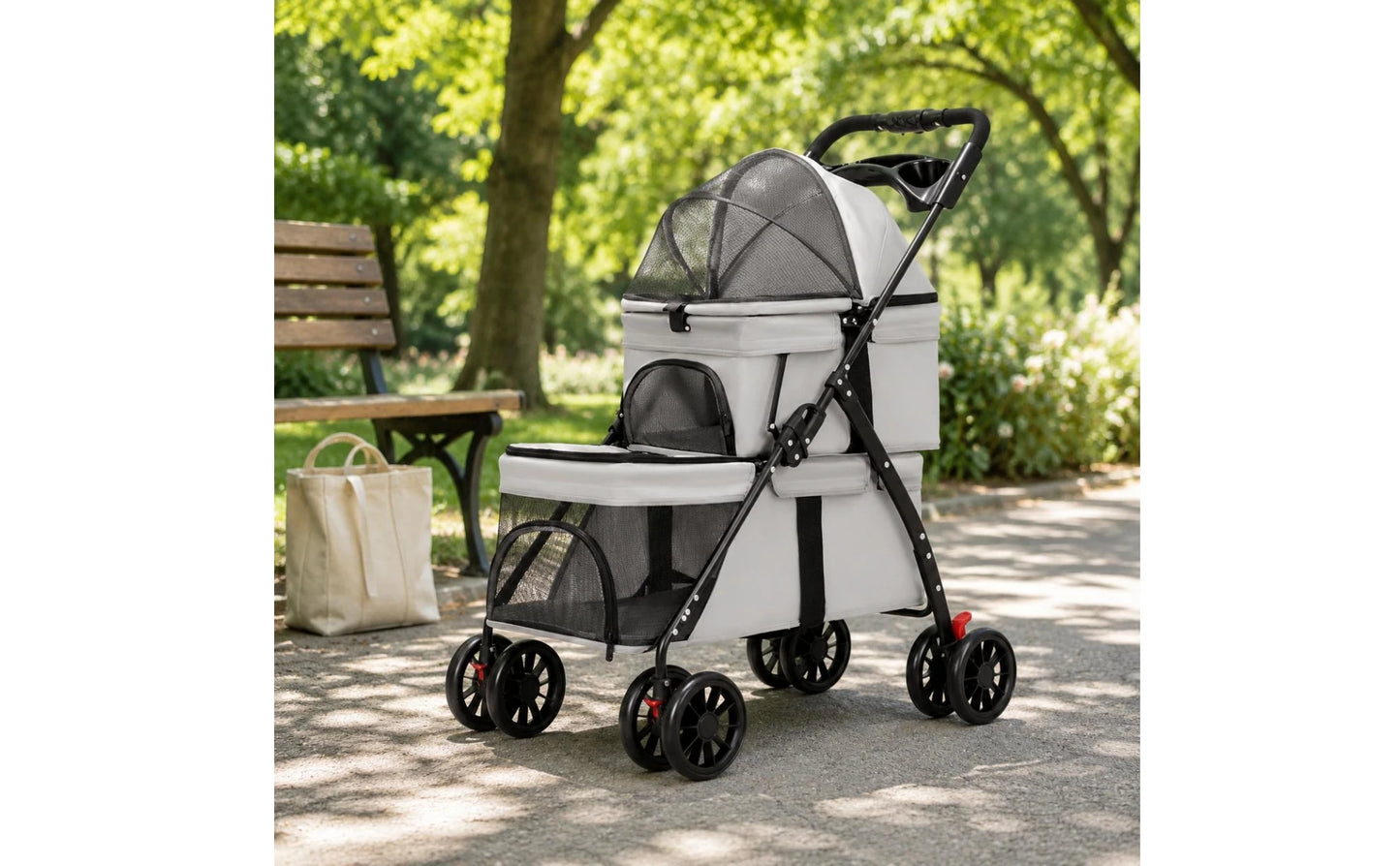 Double-Deck Pet Stroller Lockable Wheels Small Dog Feline Stroller Pet Transport Storage Pockets Removable Liner for Outdoor