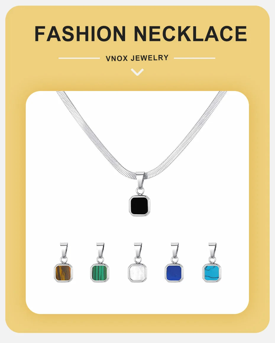 Vnox Geometric Square Natural Stone Pendant Necklace for Men, Gold Silver Color Stainless Steel Blade Chain, Trendy Jewelry Gift