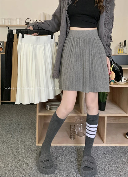 White Knitted Pleated Skirt Women Autumn Winter 2025 New High Waist Mini Skirt Lady's Fashion Korean Solid Women's Short Skirts