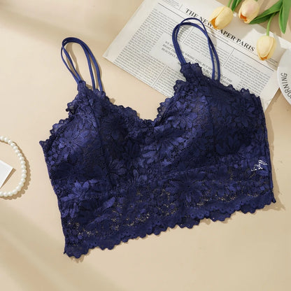 Lace Flower Suspender Top for Women Sexy Hollow Skin-friendly Solid Color Removable Pad Wireless Bra