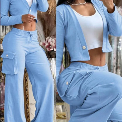 Autumn Fashionable And Elegant Solid Color Women's Suit Long-sleeved V-neck Short Coat Pocket Wide-leg Drawstring Trousers Suit