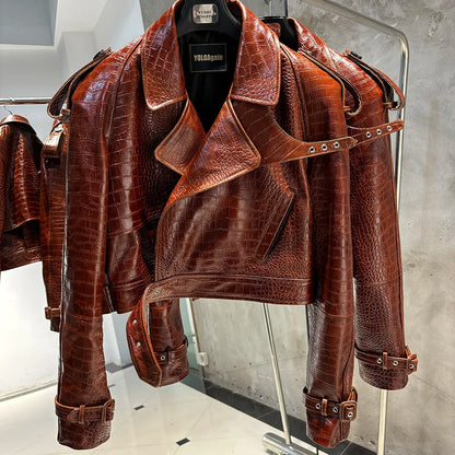 YOLOAgain Wide Shoulder Real Leather Jacket Women Oversized Genuine Leather Cropped Jacket