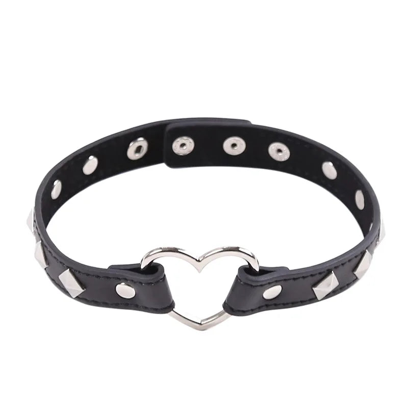 Sexy PU Leather Choker Collar for Women Gothic Punk Spike Heart O-Ring Bell Bondage Slave Neck Strap BDSM Role Play Accessory