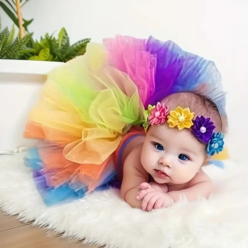 Rainbow Baby Tutu & Headband Set – Perfect Photography Prop for Special Occasions, Soft Polyamide Material, Ideal Gift, Ages 0-3