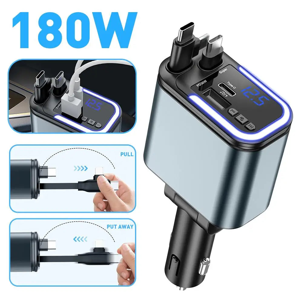5 In 1 Retractable USB C Car Charger 180W Car Fast Charging Adapter With Atmosphere Lights For IPhone,iPad,Android