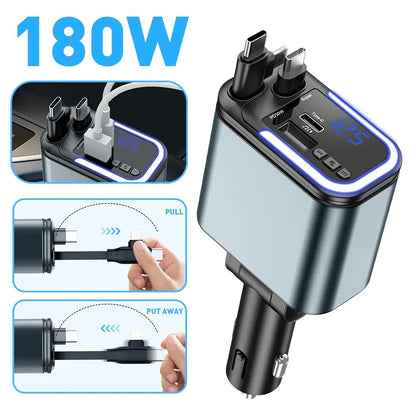 5 In 1 Retractable USB C Car Charger 180W Car Fast Charging Adapter With Atmosphere Lights For IPhone,iPad,Android